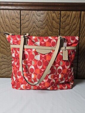 Coach Red Signature Print Tote with Neutral Leather Trim